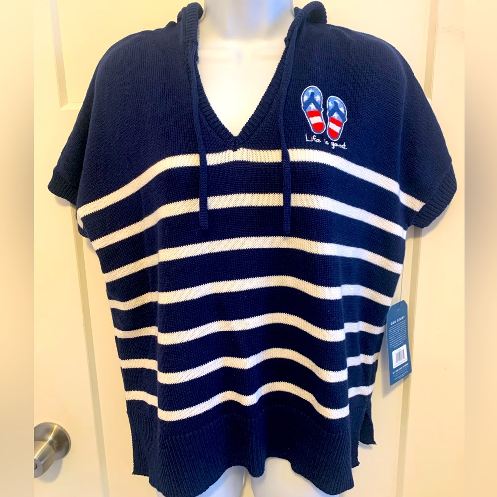 Life Is Good NWT Navy & White Striped Nautical Top with hoodie